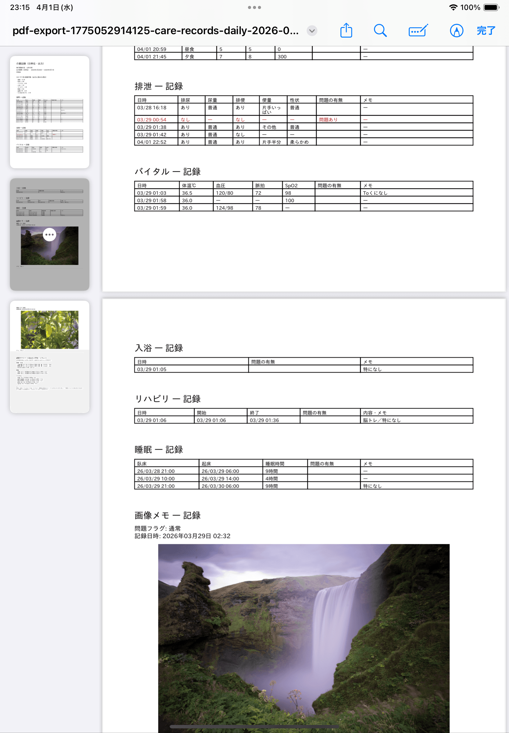 CareBridge のスクリーンショット（記録のイメージ）